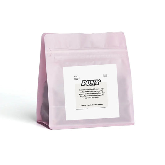 Pink coffee bag with 'PONY' branding on a white background