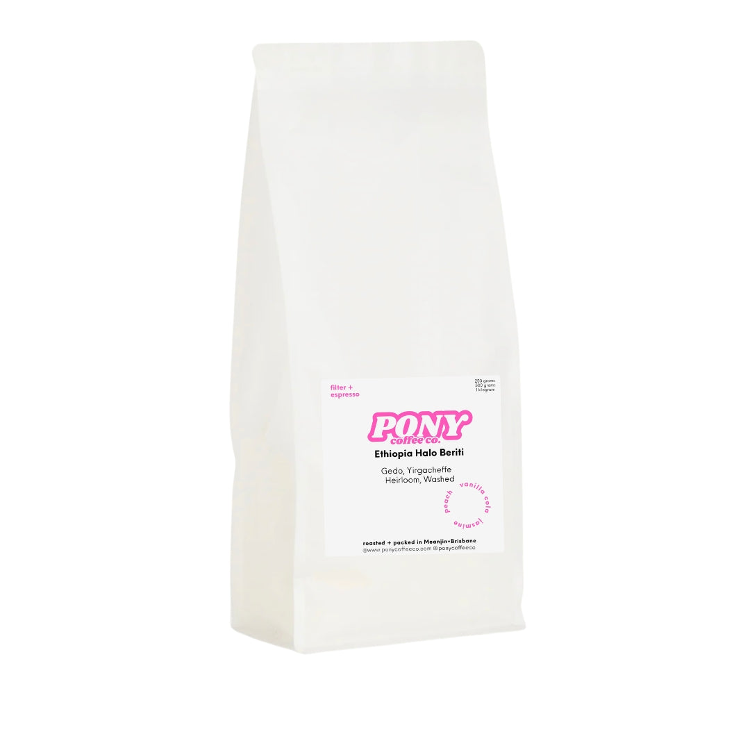 White coffee bag with 'PONY' branding on a white background
