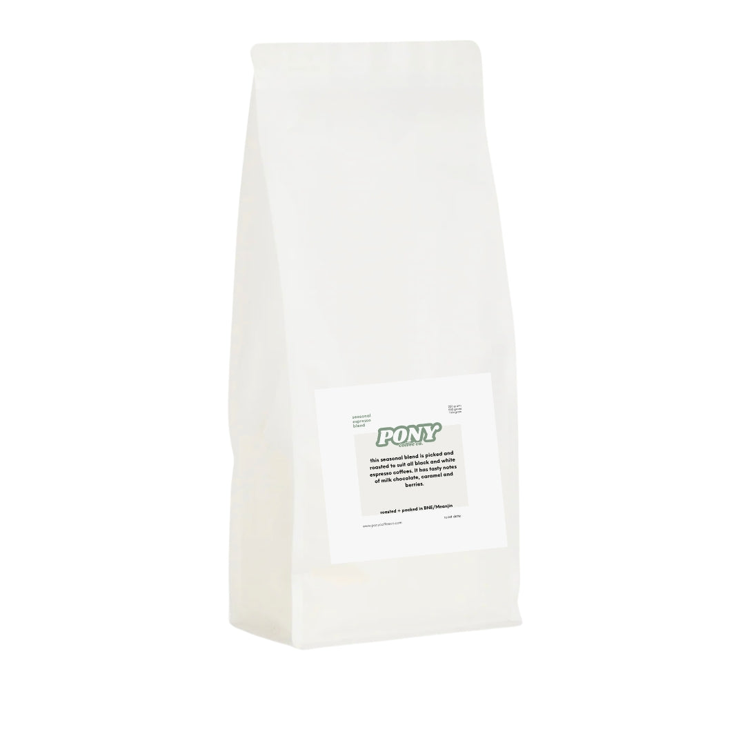 White coffee bag with 'PONY' branding on a white background, espresso blend