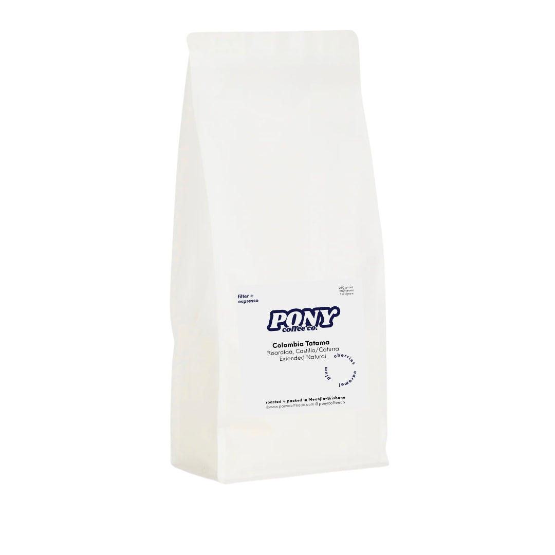White coffee bag with 'Pony Coffee Co.' branding on a white background